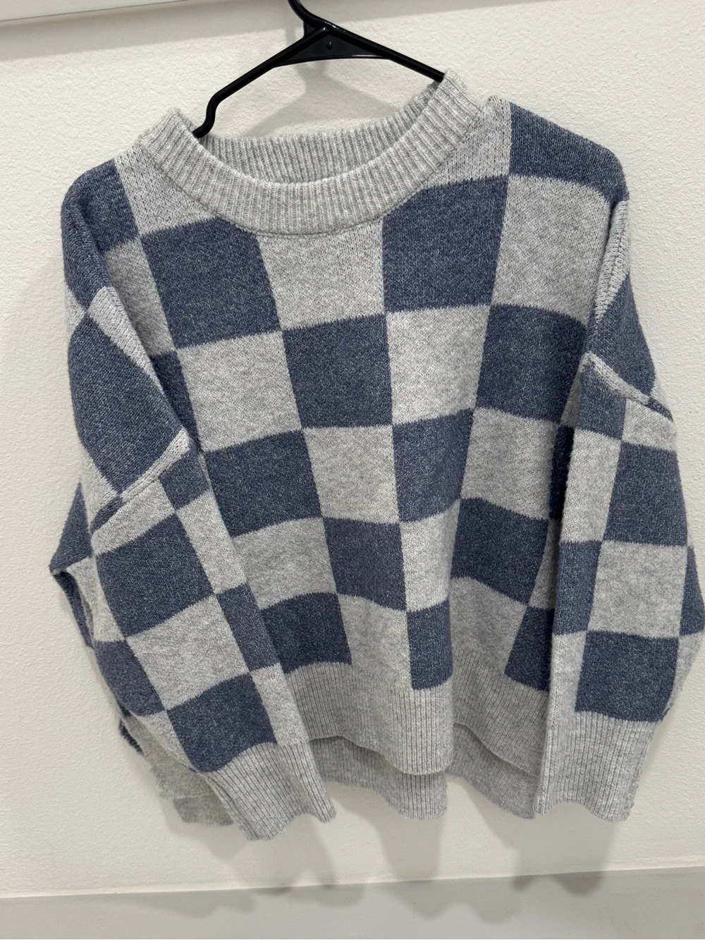 Sincerely Jules Gray and Blue Checkered Crewneck Sweater